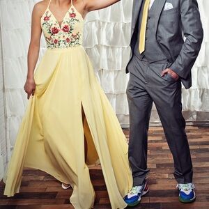 Faviana Yellow Floral Embroidered Prom Dress